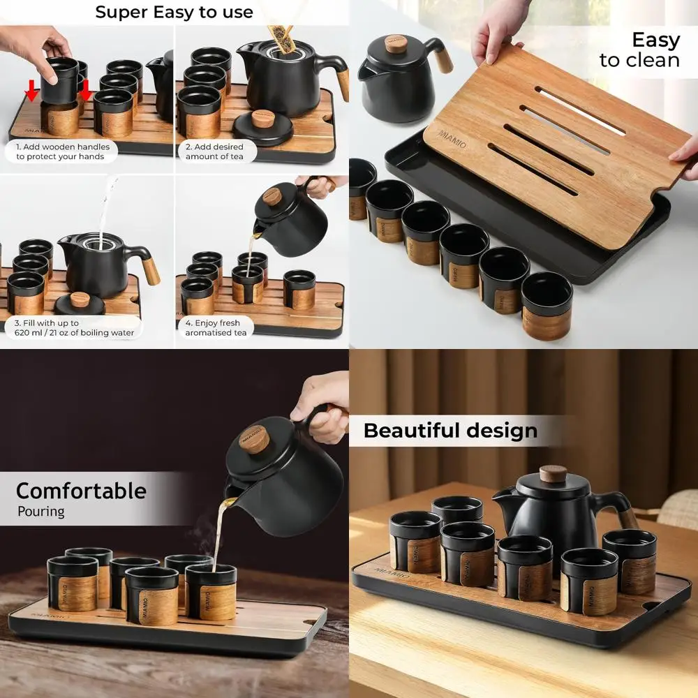 

Japanese/Chinese Tea Set - 6 Cups, 3.4oz Each & 21oz Pot with Infuser, Ideal for Tea Enthusiasts (Black)