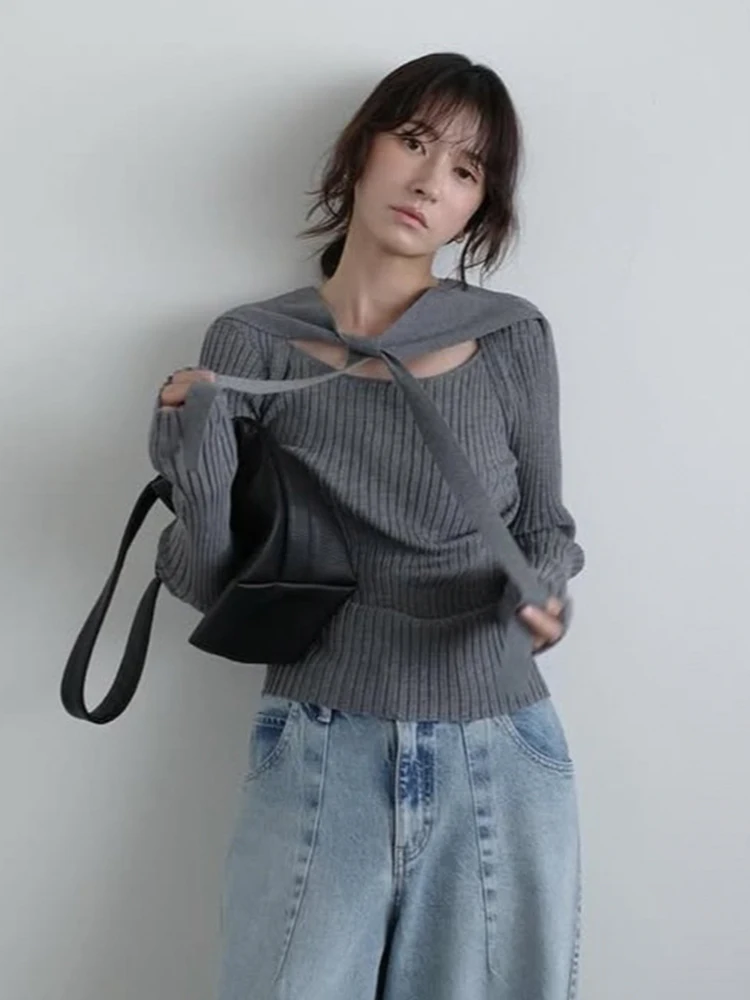 

Shaline Hollow out Belted Knitwear Grey Striped Japanese Style Women's Long Sleeve Cotton Sweater Belted Design Casual Fit
