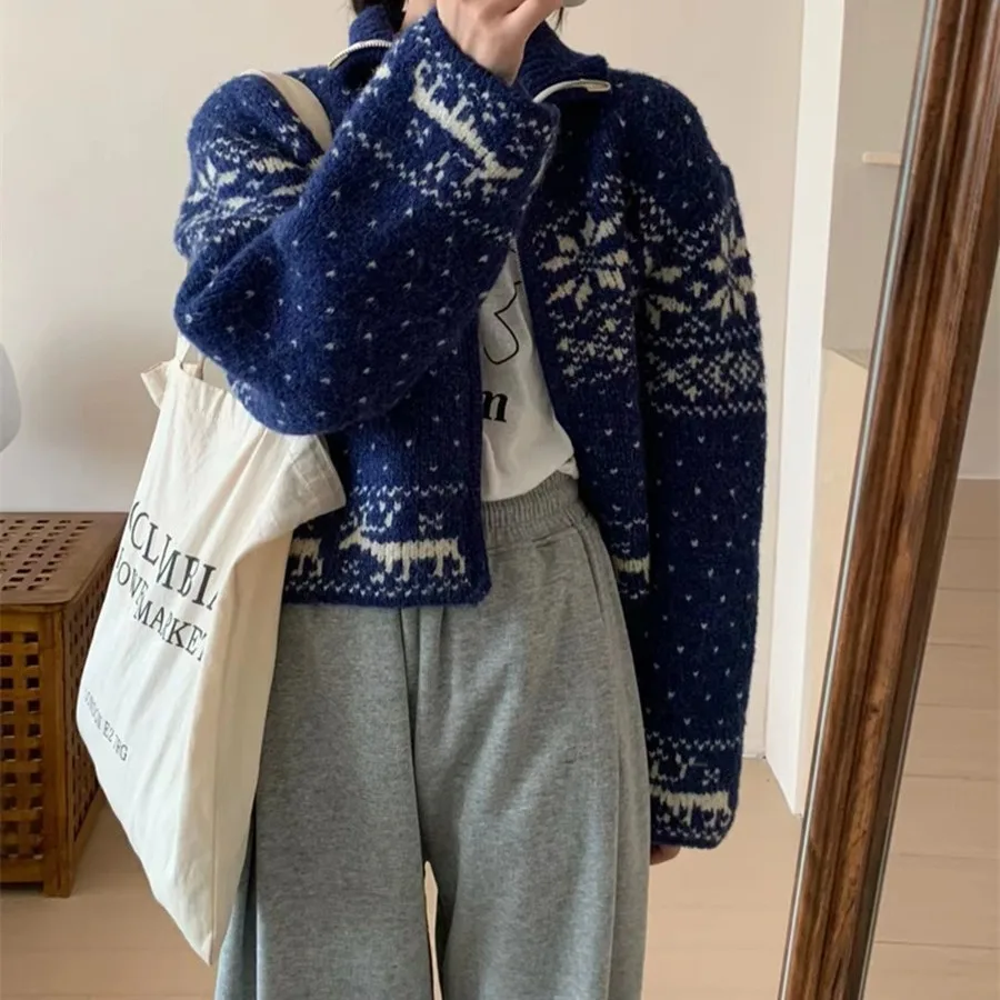 

Повседневные толстые джемперы с длинными рукавами на молнии, вязаные элегантные женские осенние женские джемперы с рождественским принтом, свитера с капюшоном