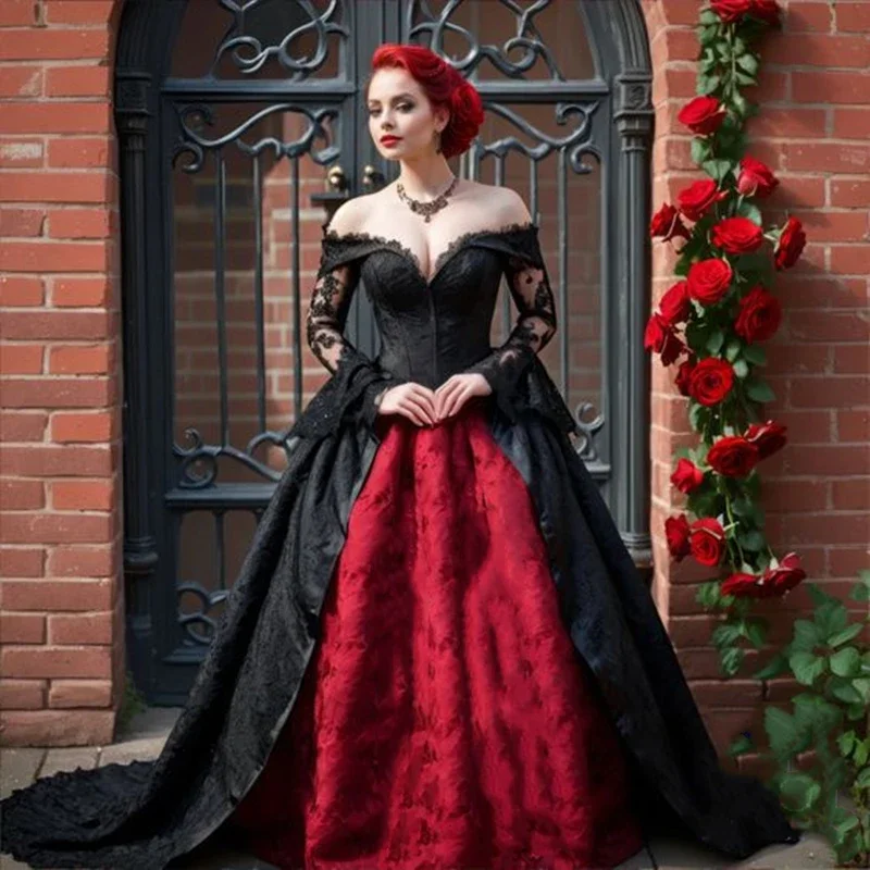 

Long Sleeves Gothic Evening Formal Dresses For Women Black And Burgundy Lace Satin Princess Wedding Gown Customized