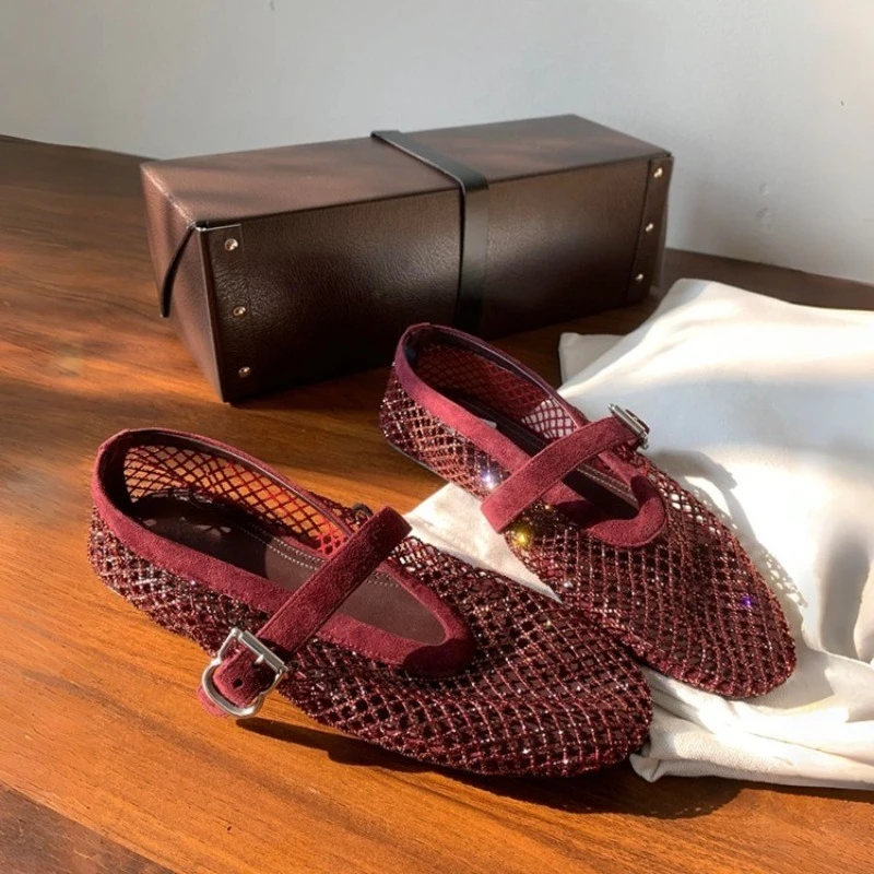 

Water diamond hollowed out mesh Mary Jane shoes women 2026 new summer breathable fishing net shoes shallow mouth flat sole shoes