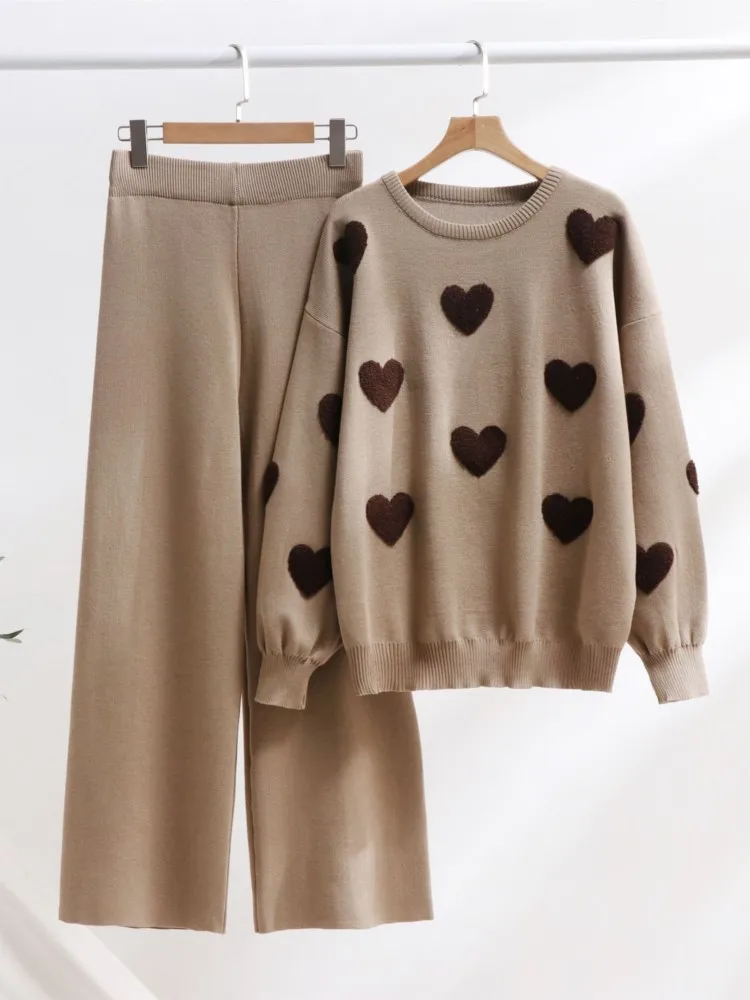 Casual Knitted Sweater Long Pants Woman Set Loose Love Print Knitting Pullover Sweaters High Waist Pant Sets Female Chic Outfits