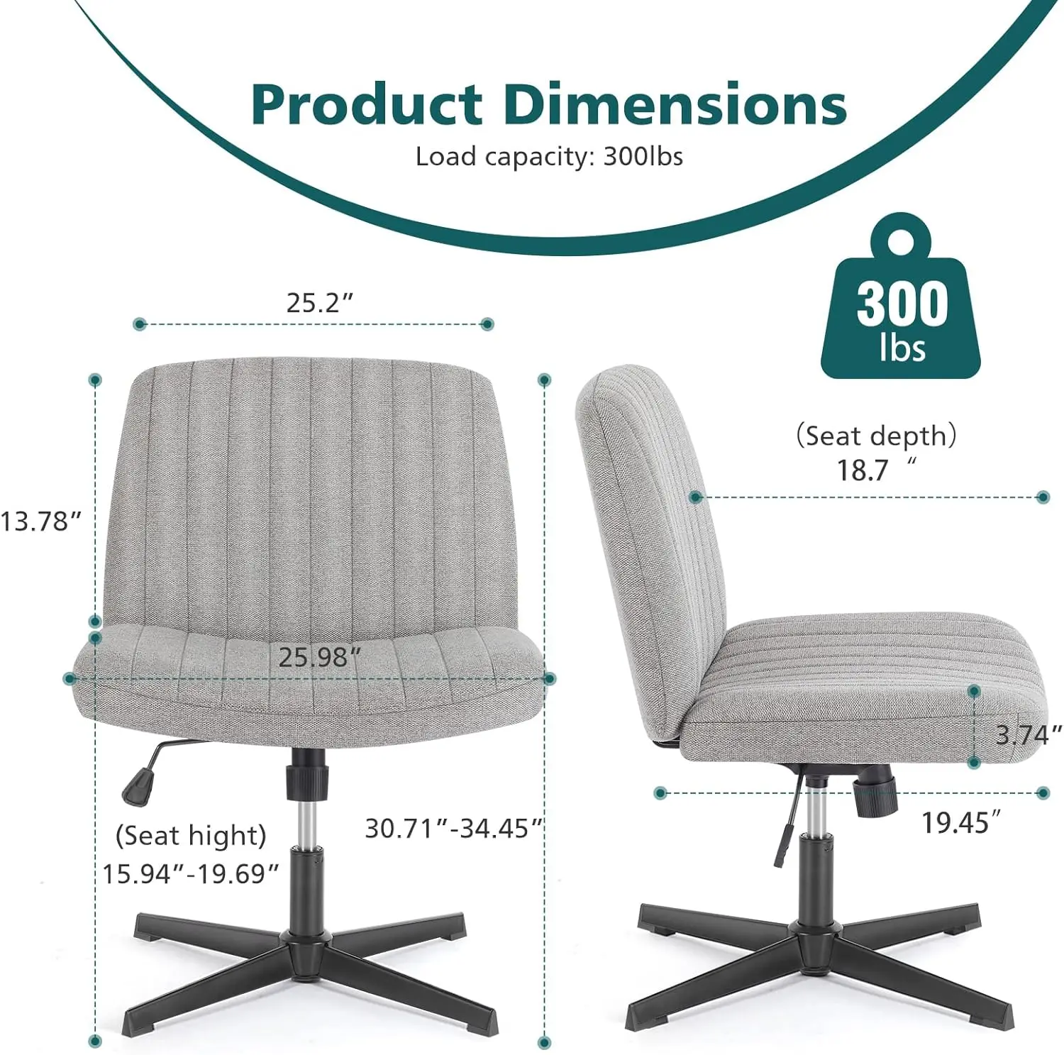 

Criss Cross Legged Chairs Armless No Wheels Wide Seat Height Adjustable Swivel Padded Fabric Home Office Desk Seating