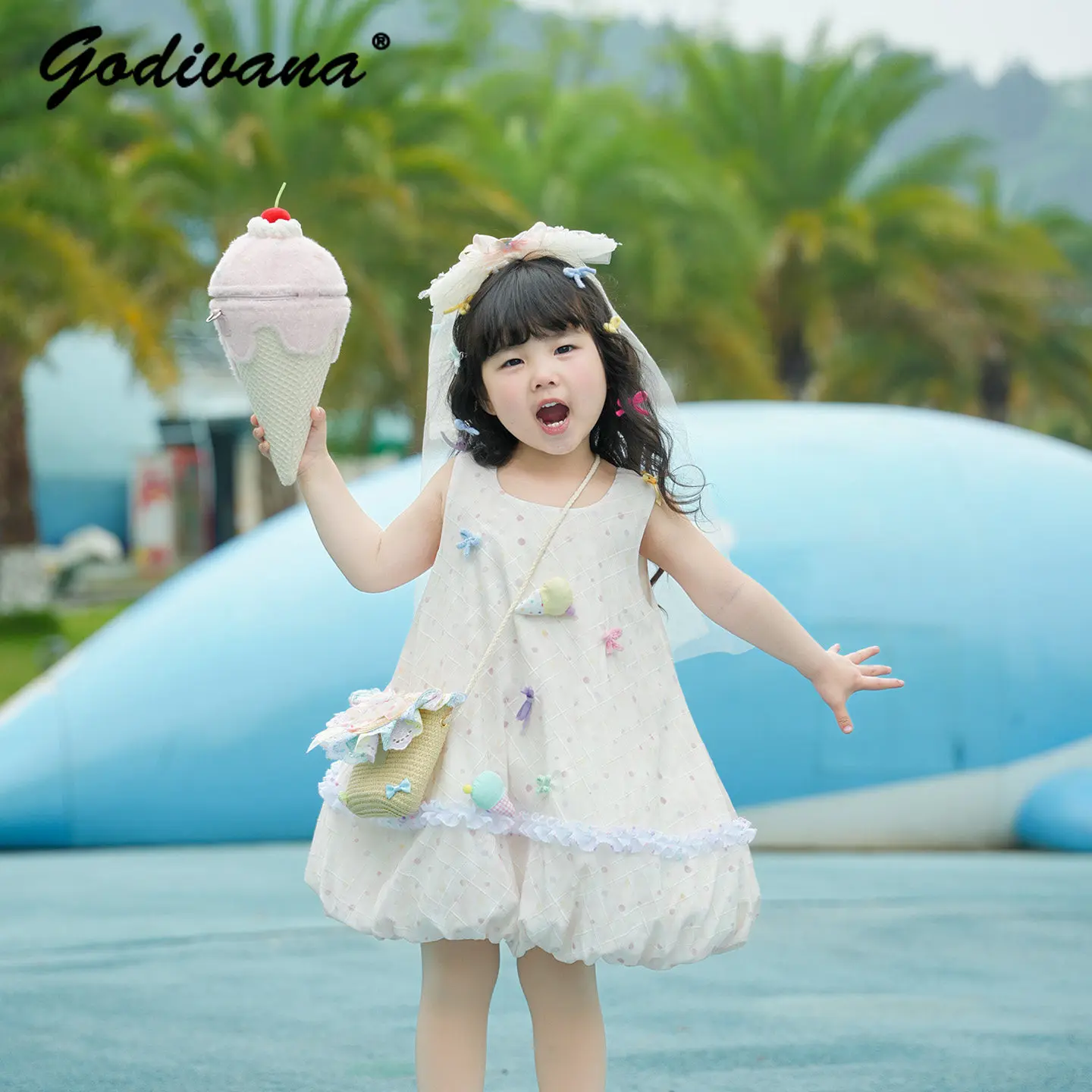 Original Baby Girls 2026 Summer New Tulip Loose Dress Little Kids Sleeveless Fashion Cute Bow Ice Cream Ruffle Trim Casual Dress