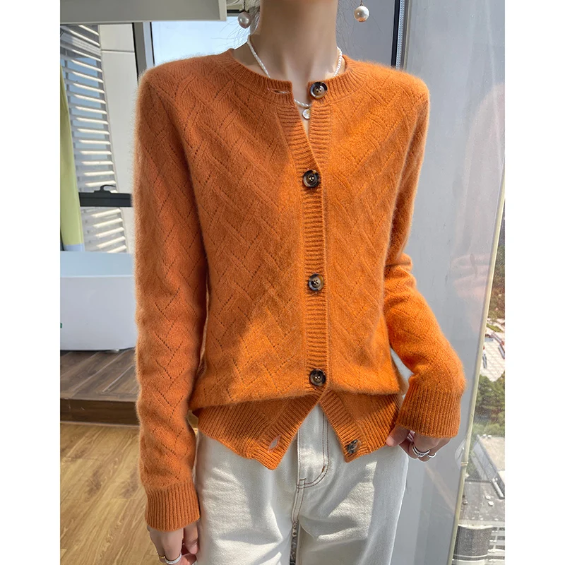 Round Necked Hollowed Out Cardigan Women's Autumn Winter Long Sleeved Solid Color Button Loose 100% Merino Woo Knit Coat Sweater