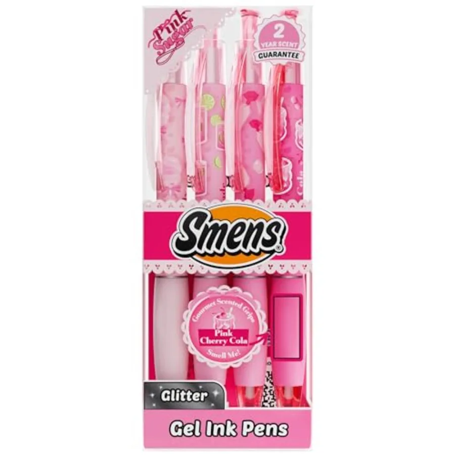

Pink Sugar Smens Black Glitter Gel Pens with Scented Grips, 4 Pack Cute, Fun, Smelly Pens for and Teens Medium Point Sparkly Pe