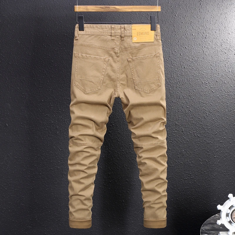 Y2K Street Designer Fashion Men Jeans Khaki Stretch Slim Fit Patched Cargo Pants Hombre Multi Pockets Hip Hop Casual Trousers