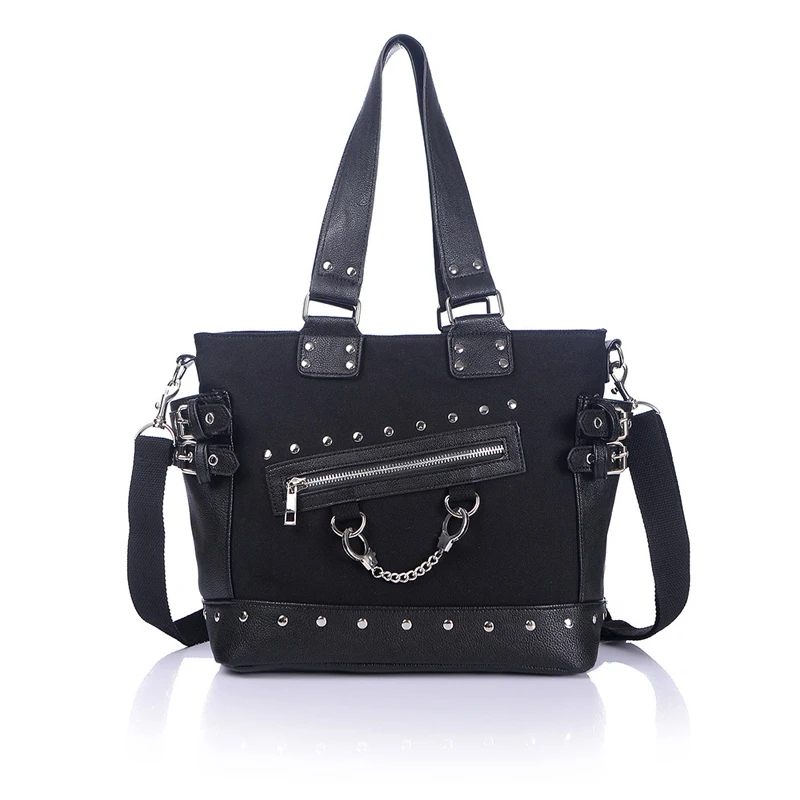 

SHELKSBAG Handbag Handcuff Chain Studded Womens Canvas Zipper Shoulder Bag Punk Gothic High Quality Vintage Rivets Tote Bag