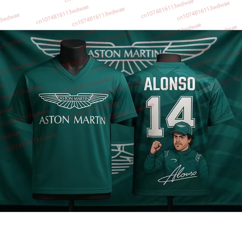 Camiseta de Manga Corta con la Firma de Alonso 14 del Equipo Aston Martin F1, Ropa Deportiva Casual para Hombre, Souvenir para Fanáticos