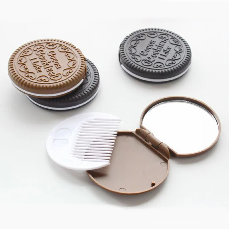 CX77 Travel Makeup Mirror Cute Chocolate Chip Cookie Shape Creative Design Mini Pocket Mirror with Comb Portable Mirror Set