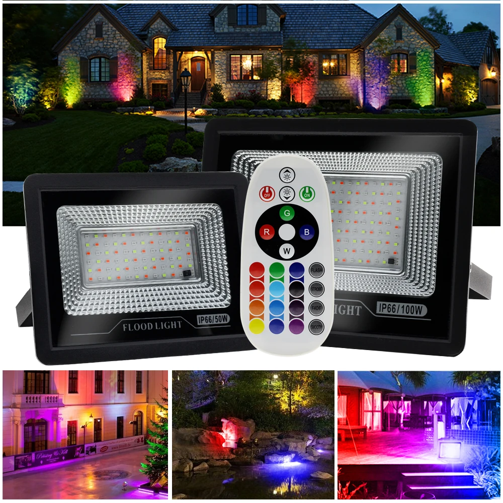 220V RGB LED FloodLight z pilotem IP66 wodoodporny reflektor reflektor Street Light kinkiety oświetlenie ogrodowe