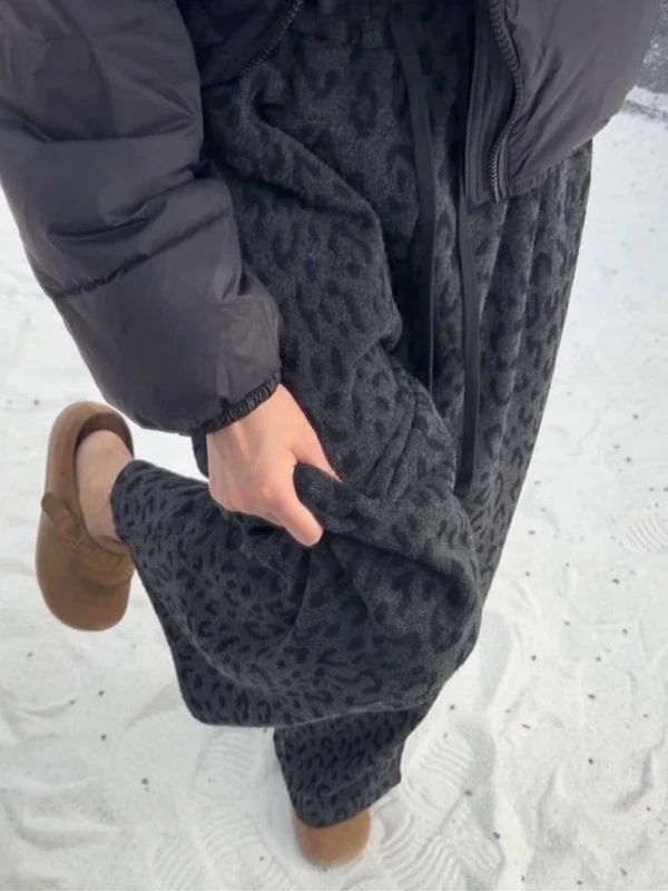 

Thiened Fce Lined Леопардовый принт Свободные брюки BF Lazy Sle Широкие повседневные брюки Грушевидный размер Брюки с рисовым тортом Fat MM
