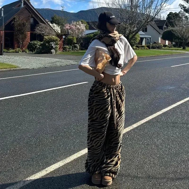 Samt hoch taillierte Hose mit weitem Bein für Damen, Leopardenmuster-Hose, faule Jogger, Damen-Freizeithose, Herbst und Winter, neue Streetwear