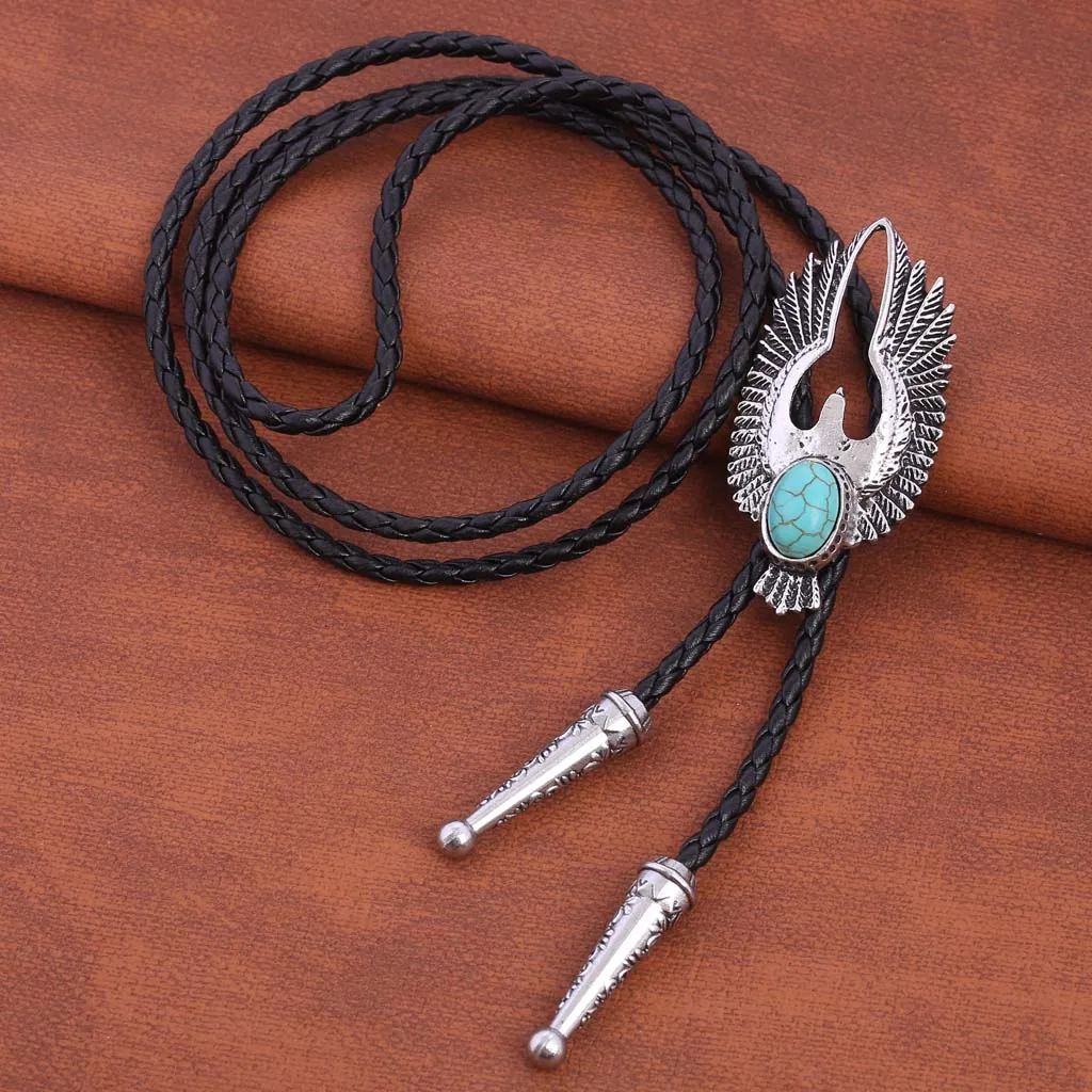 Bolo tie New Retro Shirt Chain Blue stone Flying Wings Bollow Collar Leather Necklace Long tie Pendant