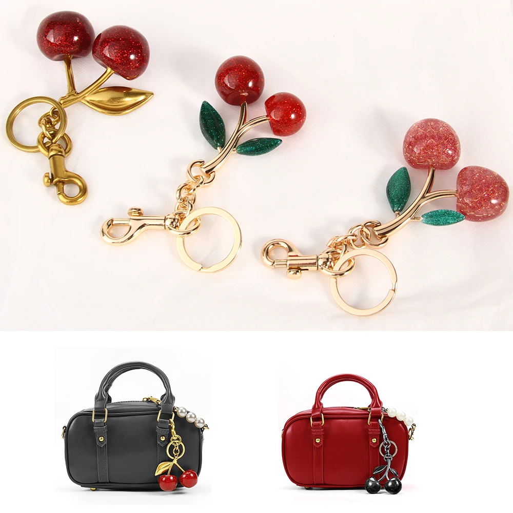 Hot Selling Fashionable Glitter Cherry Bag Charm with Key Ring and Clip Sparkling Resin & Metal Keychain for Purses Handbags