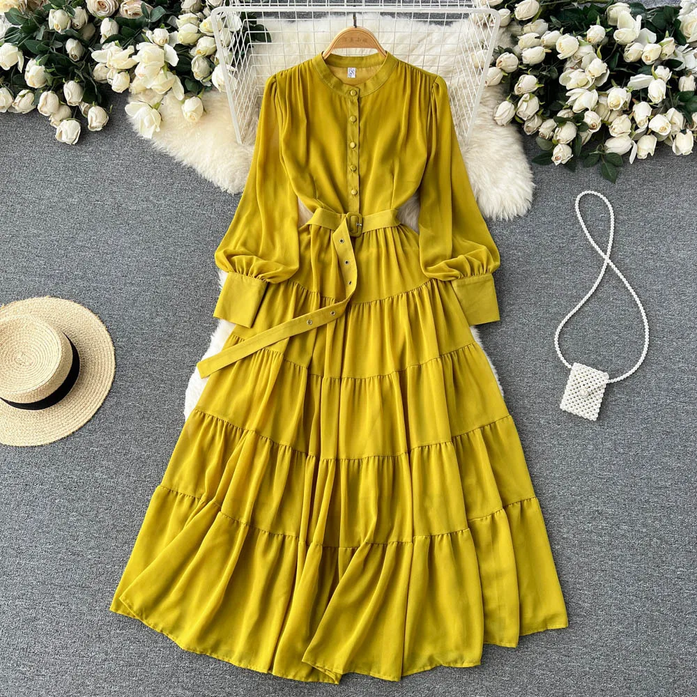 

Dress Women A Line Long Dresses Spring Party Vestidos Streetwear Y2k Lace Up High Waist Belt Single Breasted 2025 Button Maxi