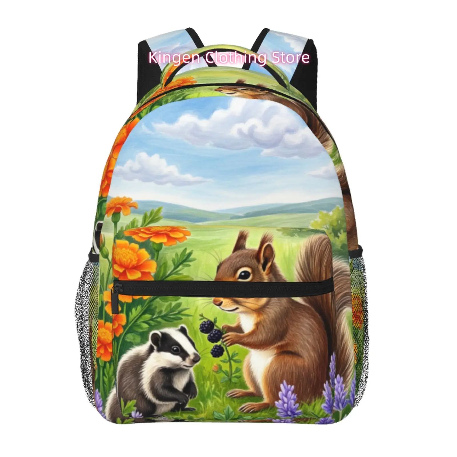 Squirrel & Skunk Meadow Print Backpack - High Quality Oxford Cloth Bookbag with Adjustable Straps, Lightweight Suitable for Trav