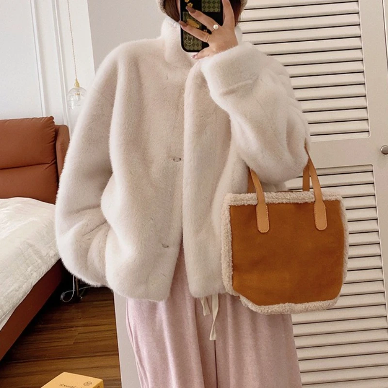 Fur-integrated Short Stand Collar Mink Fur-like Women's Coat 2025 Autumn and Winter Fashion Commuter Faux Fur