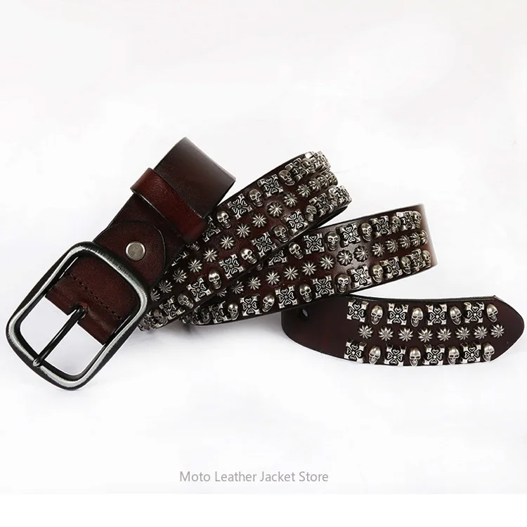 Unisex First Layer Cowhide Punk Belt Skull Rivet Leather Strap European American Personality Street Niche Style