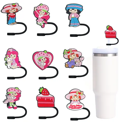 만화 딸기 소녀 빨대 커버 캡, 음료 빨대 플러그, 재사용 가능, 튀김 방지, 음주 핏 컵, 빨대 캡, 매력 펜던트, 10mm