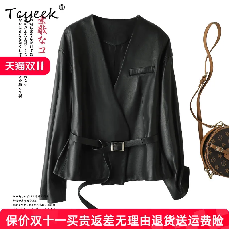 Tcyeek Oberschicht Schaffell Frühling Herbst High End Trendy V-Ausschnitt Loose Fit Damen Echtlederjacke Ж Diego Diego Diego Diego