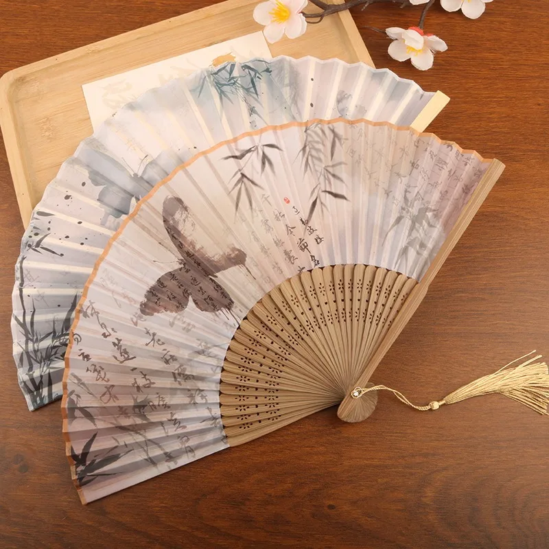Chinese Folding Fan Bamboo Hand Held Fans Vintage Retro Ink Painting Style with Tassel Wedding Party Favor Gift Home Decoration