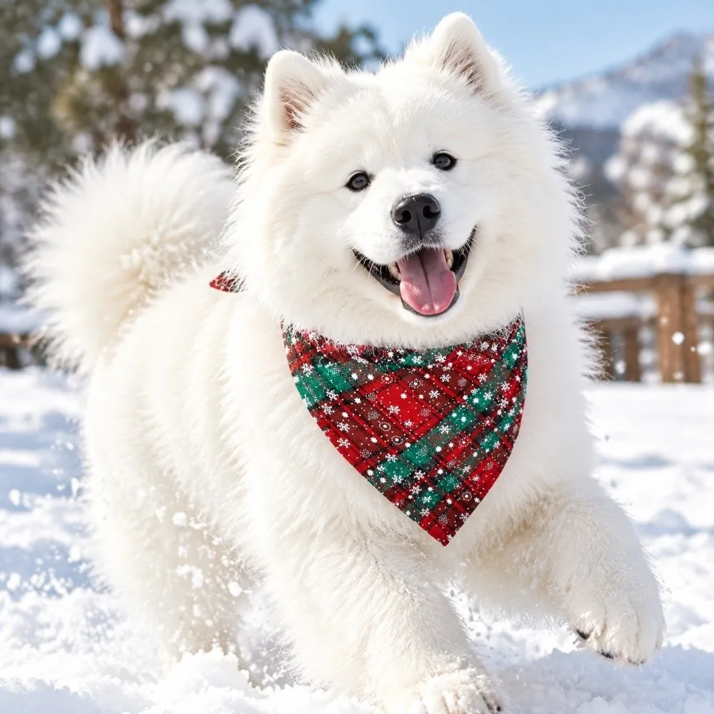 Washable Polyester Cotton Christmas Pet Triangle Scarf Snow Print Soft Dog Bandanas Plaid Pet Bib Collar Holiday