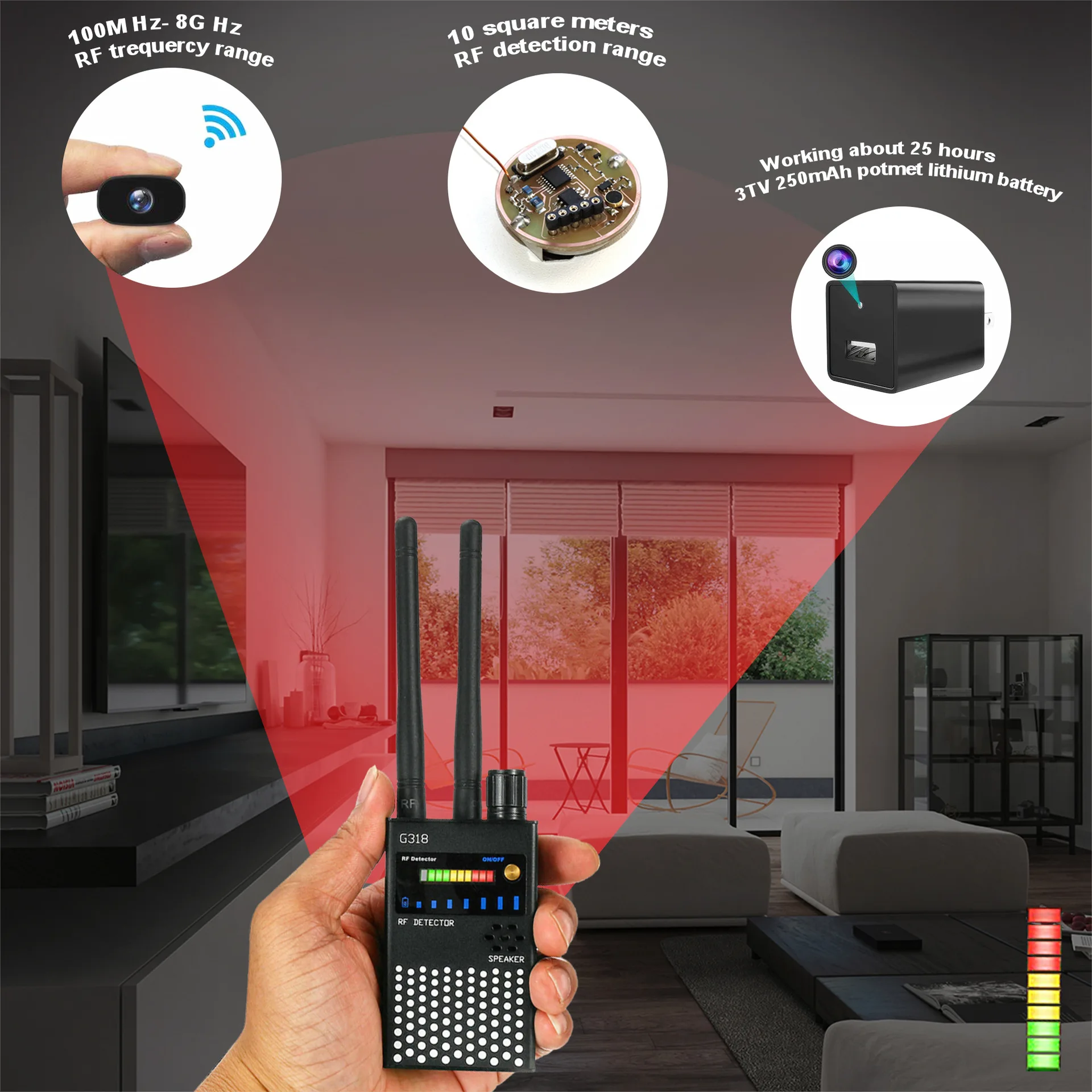 Rilevatore RF a doppia antenna: trova telecamere nascoste (2,4G/5,8G), localizzatori GPS, inserti Eavesdrop, indicatore LED a 10 livelli, metallo portatile