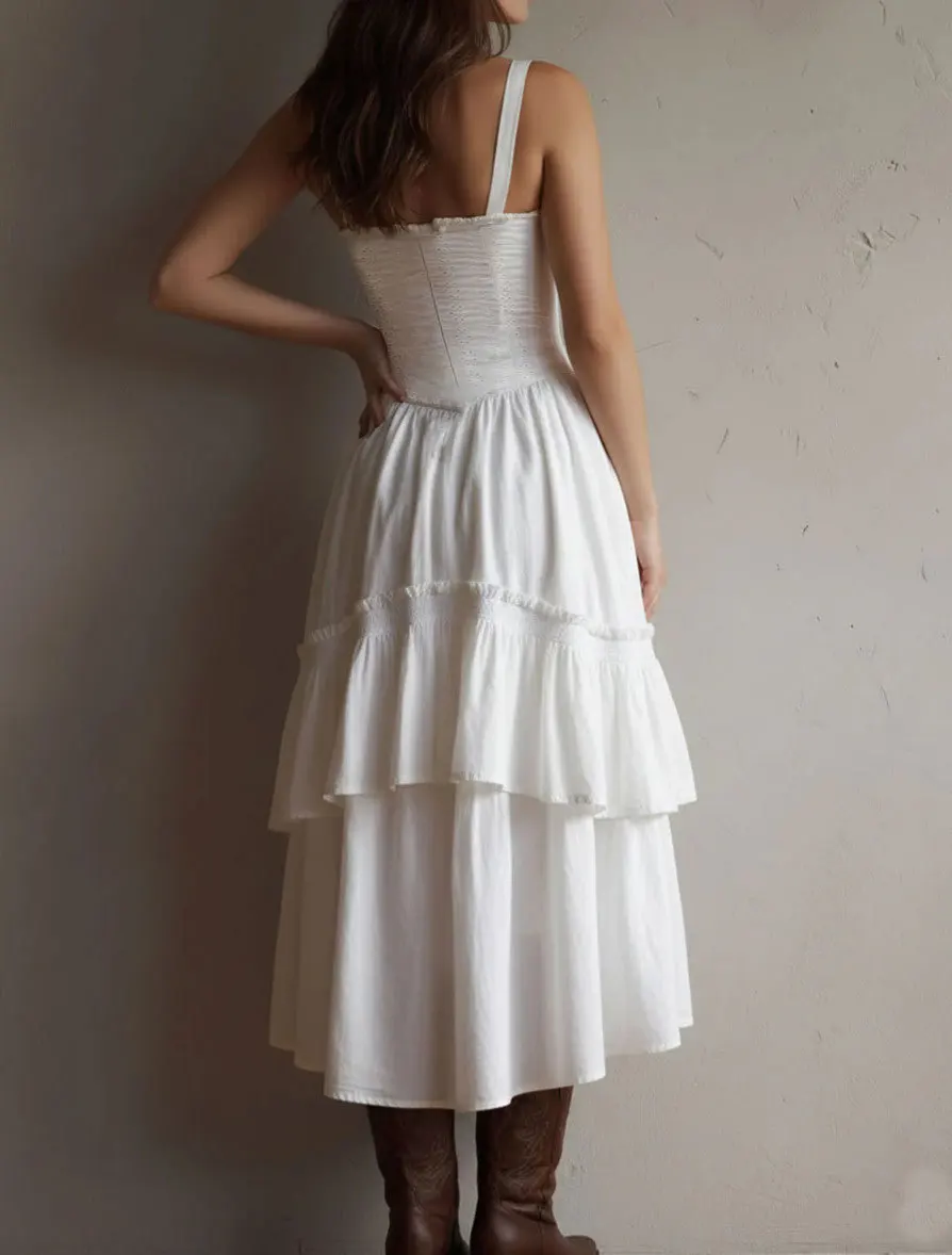 Damen Boho Spaghettiträger-Korsettkleid mit Spitzenbesatz, gestuftem Rüschensaum und unregelmäßigem Schnitt, Midi-Kleid, Vintage, lässig, Party, Sommerkleid – Detail 8