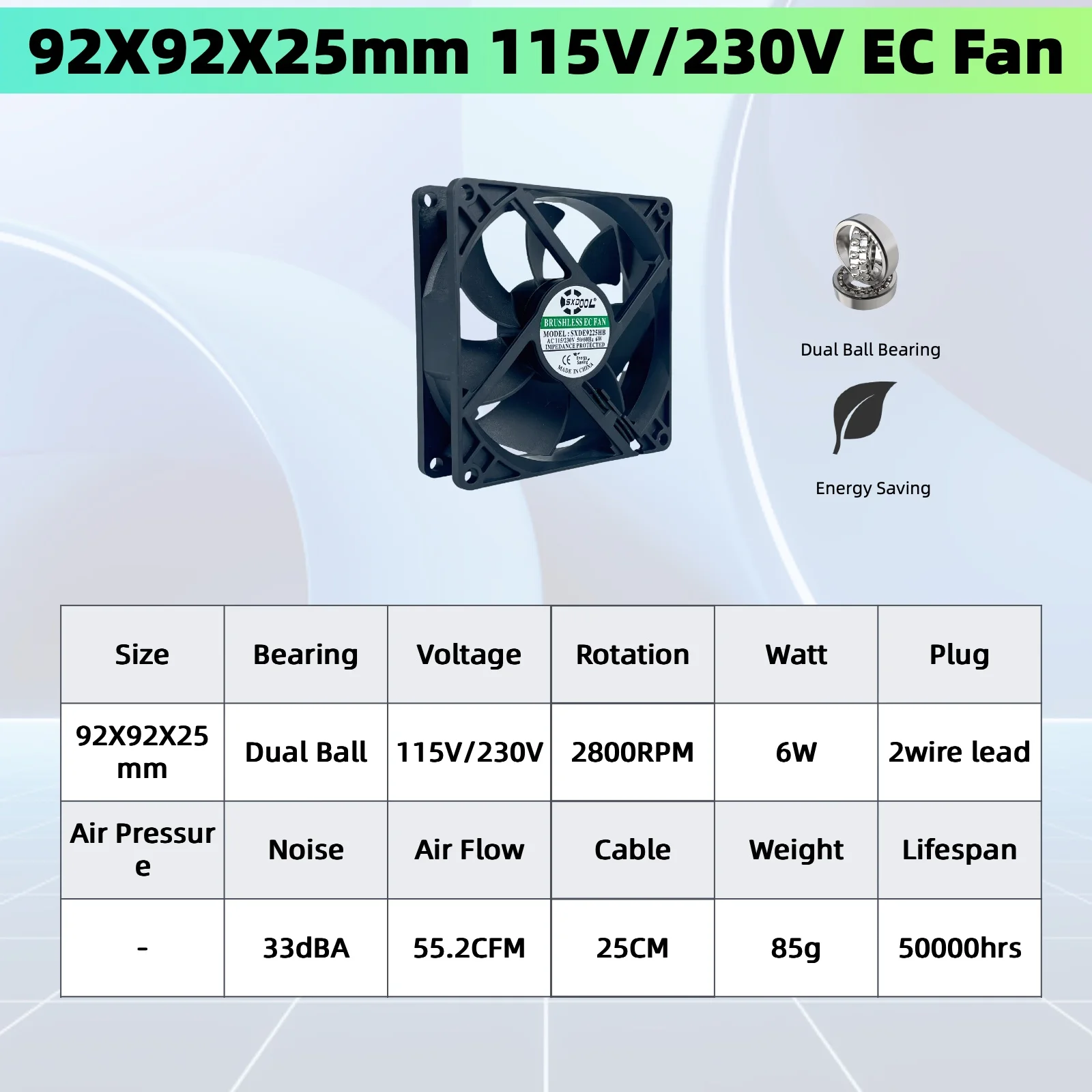 SXDOOL EC 115V 230V Cooling Fan Series - 60mm, 70mm, 80mm, 90mm, 120mm, 172mm Energy Efficient Brushless Fan Dual Ball Bearings