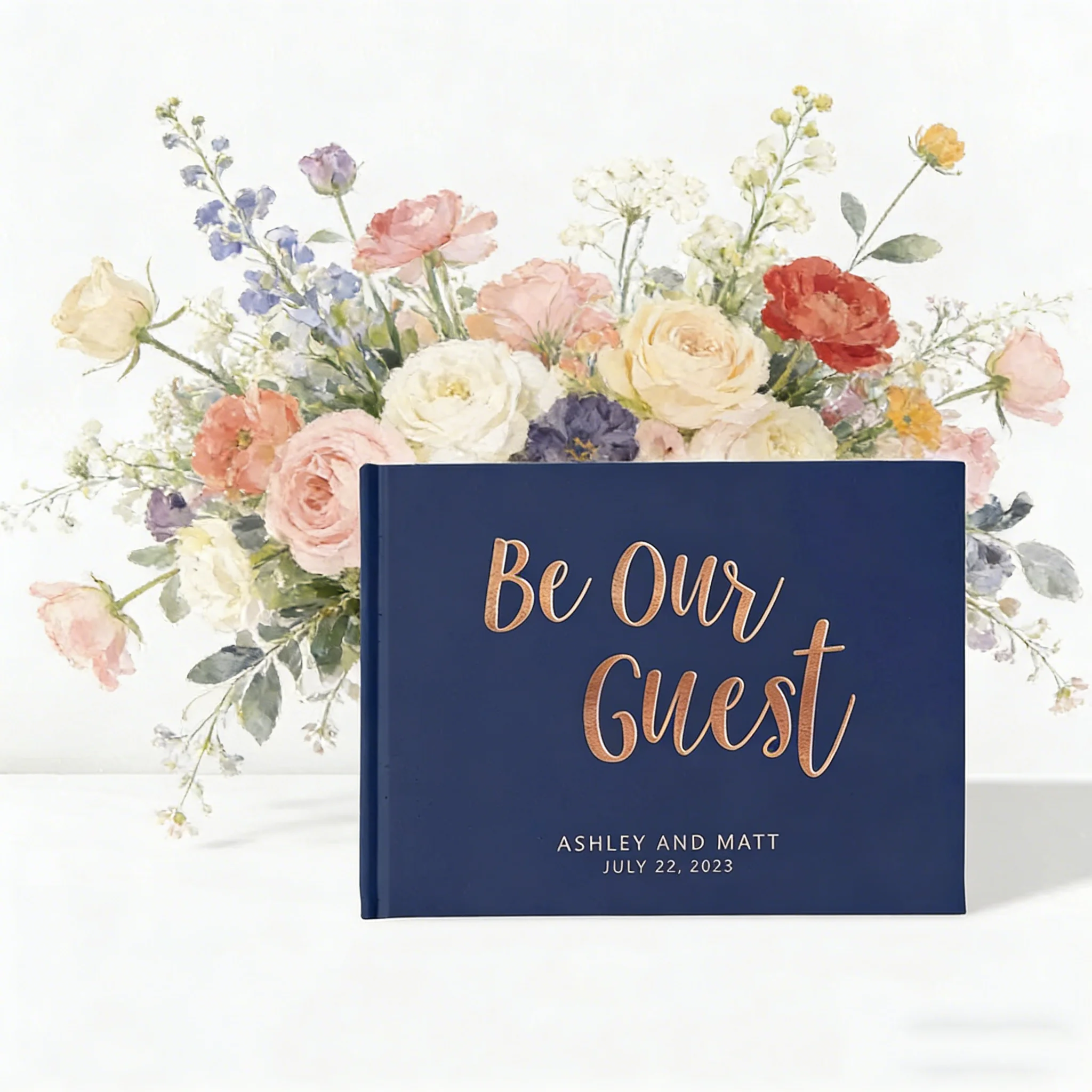 

Книга для гостей на свадьбу "Be Our Guest", элегантный альбом для подписей в цветах темно-синий и розовое золото, с возможностью выбора цвета A006