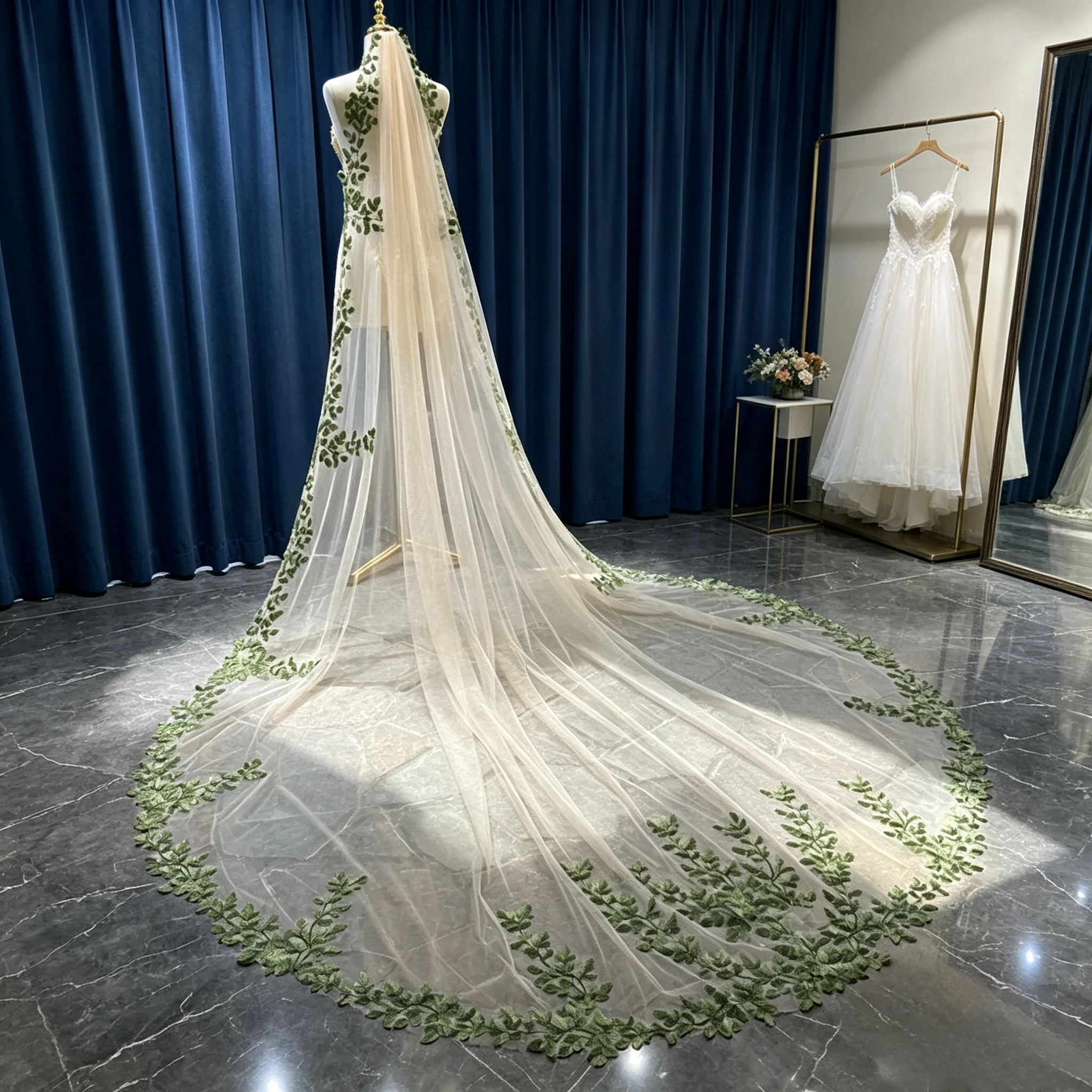Floral Wedding Veil Bridal Dress Accessories With Comb For Brides Tulle Single Layer Green Leaves Lace Appliques Champagne Cape