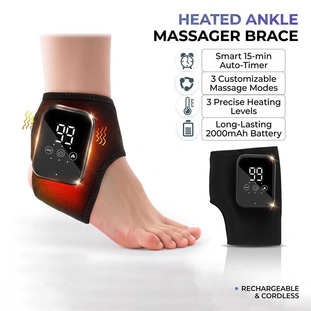 Wireless Ankle Massager Heating Pad Vibration Therapy LED Touch Screen Type-C Rechargeable Brace for Joint Pain Relief