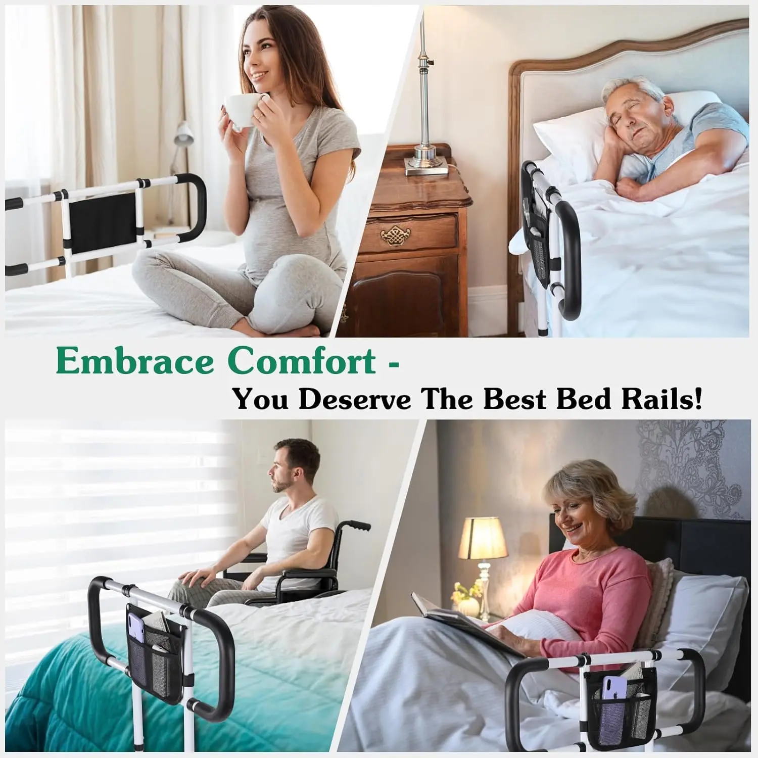 Bed Rails for Elderly Adults Safety - Adjustable Bed Side Rails Handle Support Bar Bed Guard Rail with Storage Bag &Fixing Strap