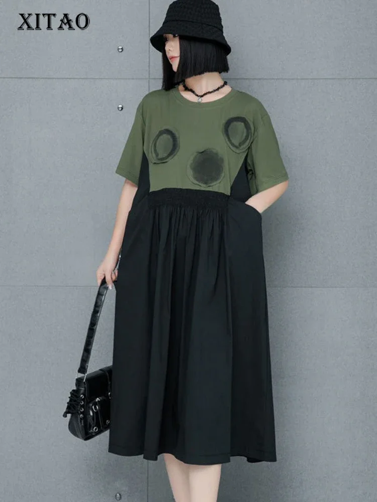 

XITAO Contrast Color Patchwork False Two Pieces Dress Fashion Casual Loose A-line Mid-calf O-neck Summer Women Dress GMM1278