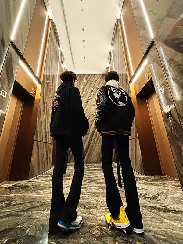 

Bla Elastic Bow Knife Jeans Men's Autumn Winter Thiened Fce Loose Straight Leg Bell Bot High Waist Jeans