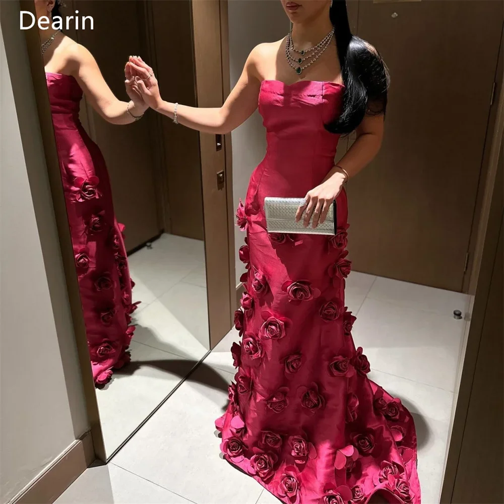 

Customized Saudi Arabia Dearin Strapless Mermaid Floor Length Skirts Draped Applique 3D Rose Flower Sleeveless Bespoke Occasion