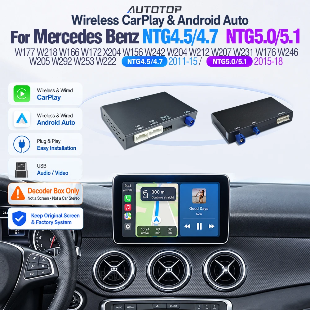 AUTOTOP Decoder Wireless CarPlay Android Auto per Mercedes Benz NTG4.5 4.7 NTG5.0 5.1 Classe C W205 GLC X253 Classe E W212 Classe A W176 CLA C117 GLA X156 GLE W166 CLS C218 Interfaccia di Retrofit per