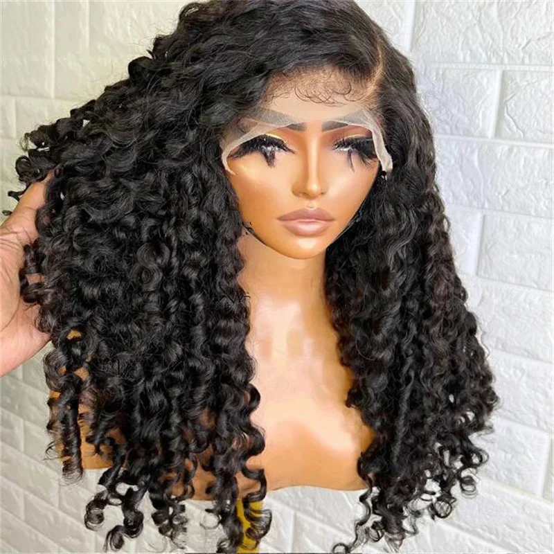 

Soft Long Natural Black Glueless 180Density 26Inch Kinky Curly Deep Lace Front Wig For Women With Baby Hair Preplucked Daily