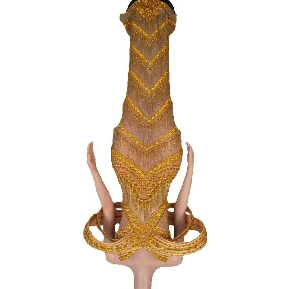 Glitter Gold Evening Dress Sexy Rhinestone Party Off Shoulder Chain Long Dress Gogo Clubwear Singer Stage Photoshoot Costume