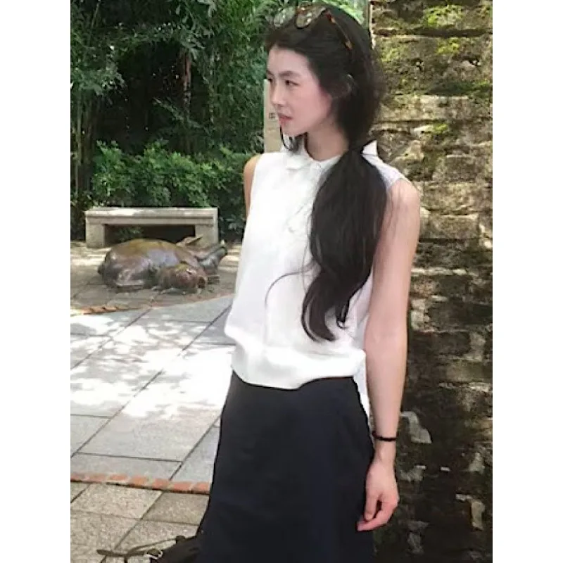 Retro Fashion Lapel Sleeveless Vest Top Casual Navy Blue Casual Half Skirt Japanese/Korean Y2k Harajuku New 2-piece Set Платье