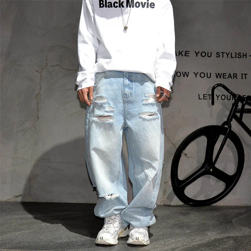 

Мужские джинсы Vibe American Street Style, светло-голубые, рваные, широкие, стильные, свободные, прямые, больших размеров, длинные брюки