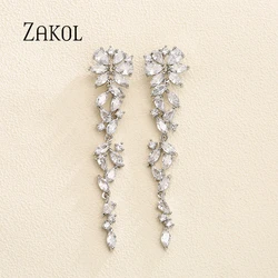 ZAKOL Flower Zircon Pendant Earrings For Women Fashion New Long Crystal Tassel Drop Earrings Wedding Dress Jewelry Gifts