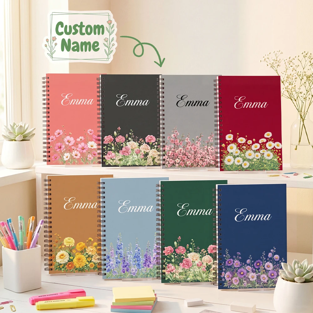 Personalized Custom Text Wire Bound Notepad,Vintage Wildflower Print Notebook,Teacher Appreciation,Study Notebook,Work Meeting