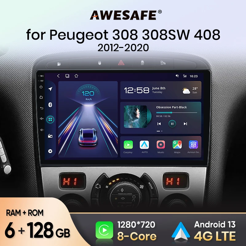 AWESAFE Wireless CarPlay Android Auto Autoradio for Peugeot 308 308SW 408 2012 2013 2014 2015 2016 2017 2018 2019 2020 GPS RDS