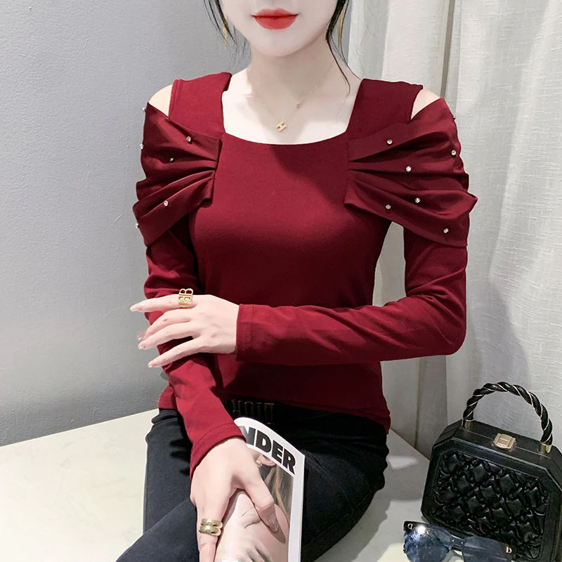 2023 New Fall Winter European Style Cotton T-Shirt Fashion Sexy Off Shoulder Shiny Rivet Slim Women Tops Long Sleeve Tees 30018