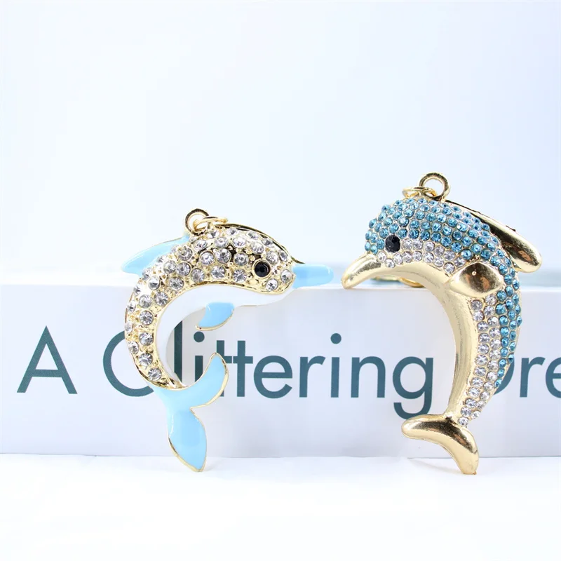 Trendy Blue Dolphin Crystal Rhinestone Keychains Cartoon Marine Animals Enamel Key Rings Kawaii for Fashions Women Girl Jewelry