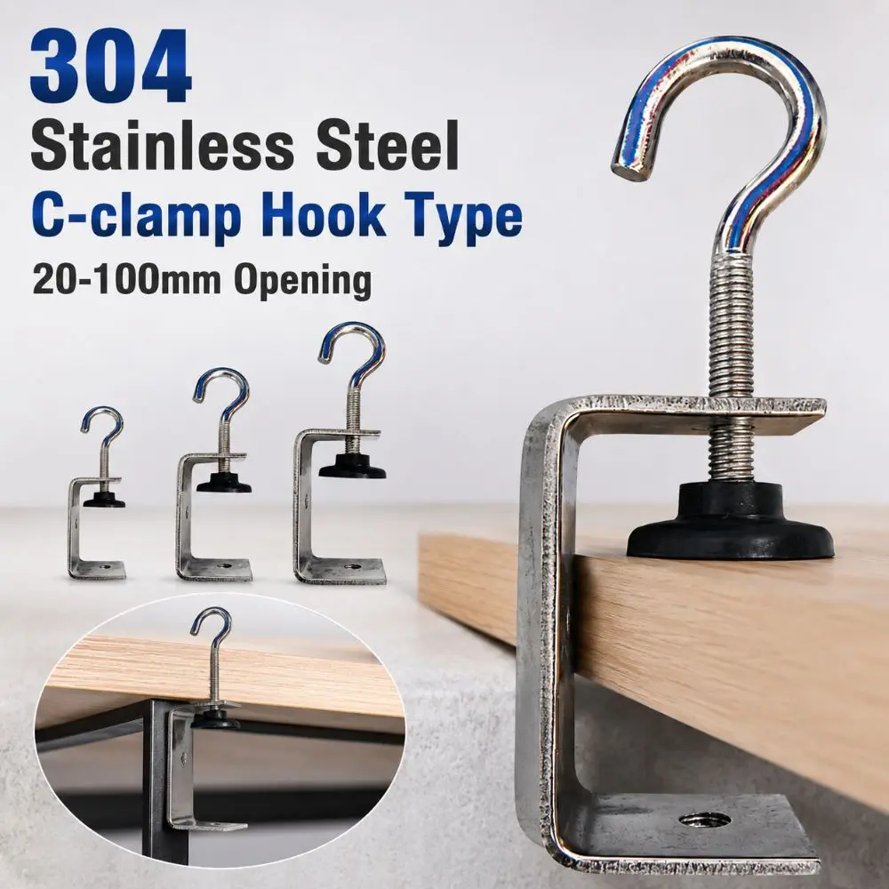 304 Stainless Steel C-clamp Adjustable 20-100mm Opening Square Clamp Hook Type Sturdy Fixed Holder Clip Hardware Fasteners