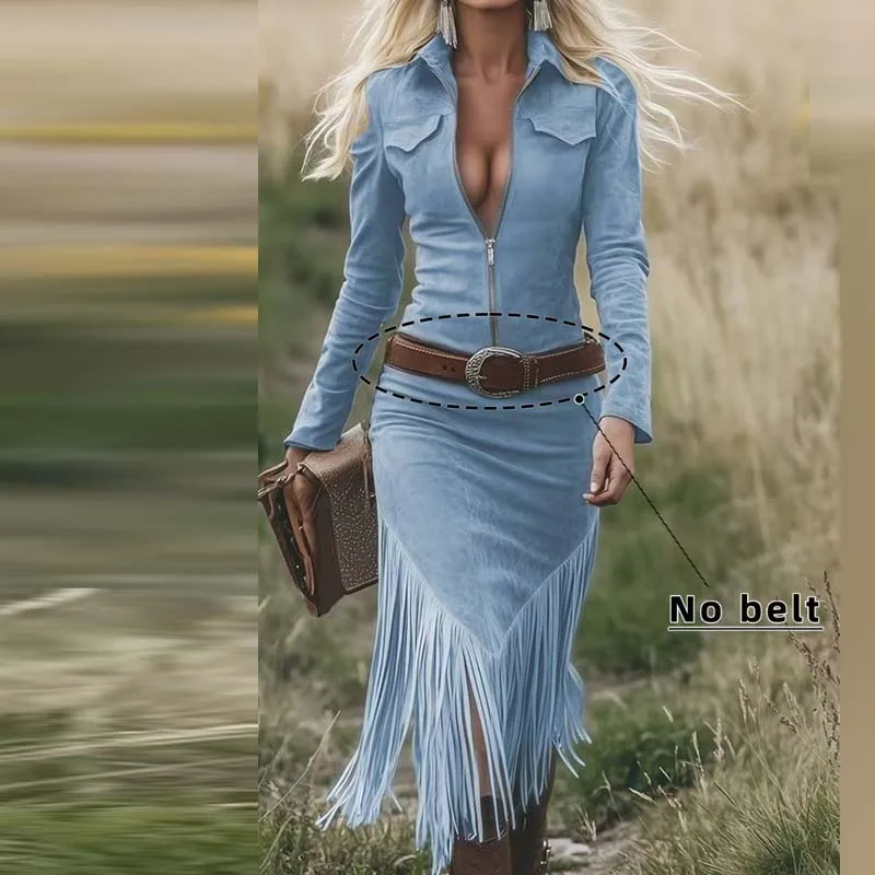 Western Retro Solid Suede Spliced Tassel Dress Woman Sexy Hollow Zipper Lapel Party Dress Autumn Long Sleeve Slim Bodycon Dress