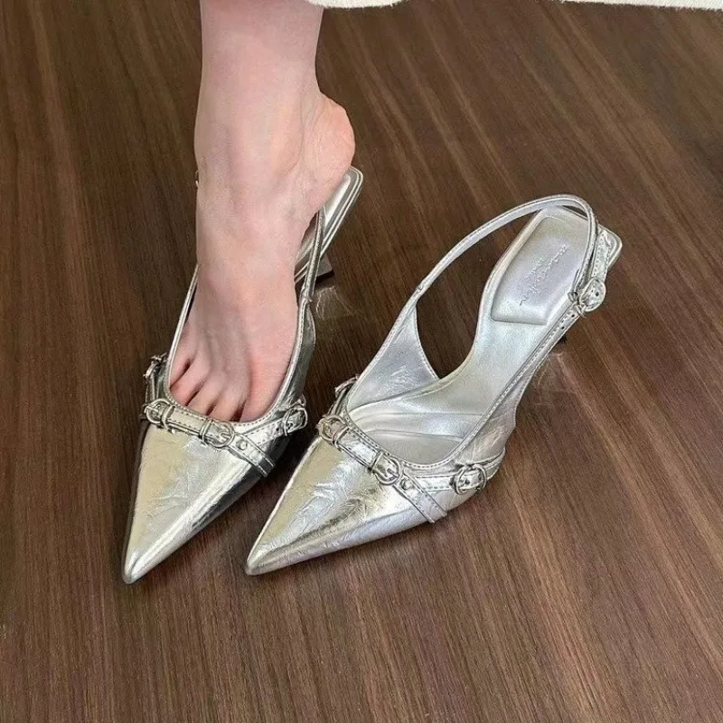 

New Style Spring/summer Baotou Shallow Mouth Thin Heel Silver Pointed Sandals Women's Back Empty High Heels Zapatos Mujer